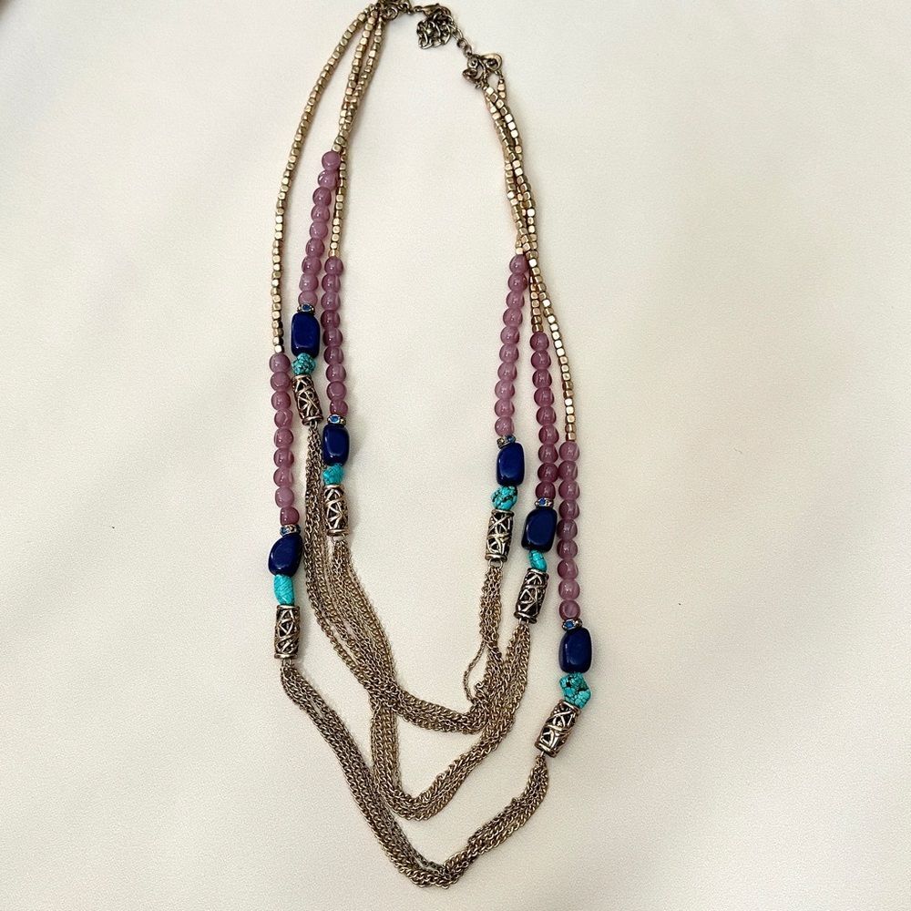 Chico’s Gold Plate 3 Strand Necklace w/Turquoise & Glass Beads - 36” end to end